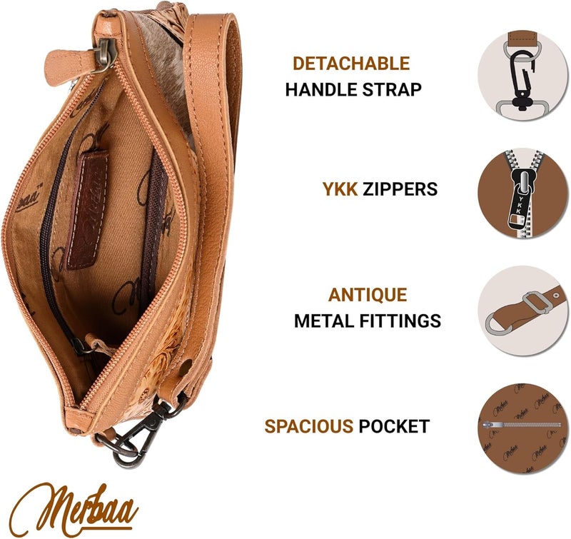 Merbaa Store Women Hand tooled Natural Cowhide Leather hand Clutch | Hand Bag | Purse | Coin Pouch Bag valentines day gifts - Image 4